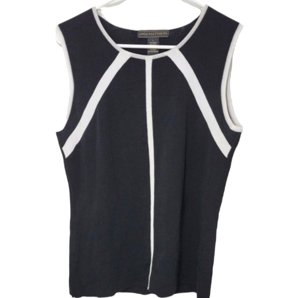 Linda Matthews Large Knit Sleeveless Top Black with White Trim